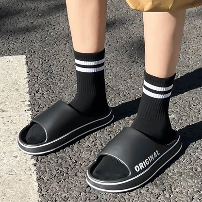 Feslishoet-Men's and women's letter beach slippers, beach slides, solid document, optical sole, coordinating indoor shoes, summer couple sandals