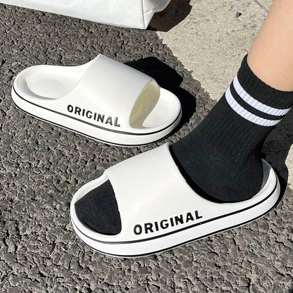 Feslishoet-Men's and women's letter beach slippers, beach slides, solid document, optical sole, coordinating indoor shoes, summer couple sandals
