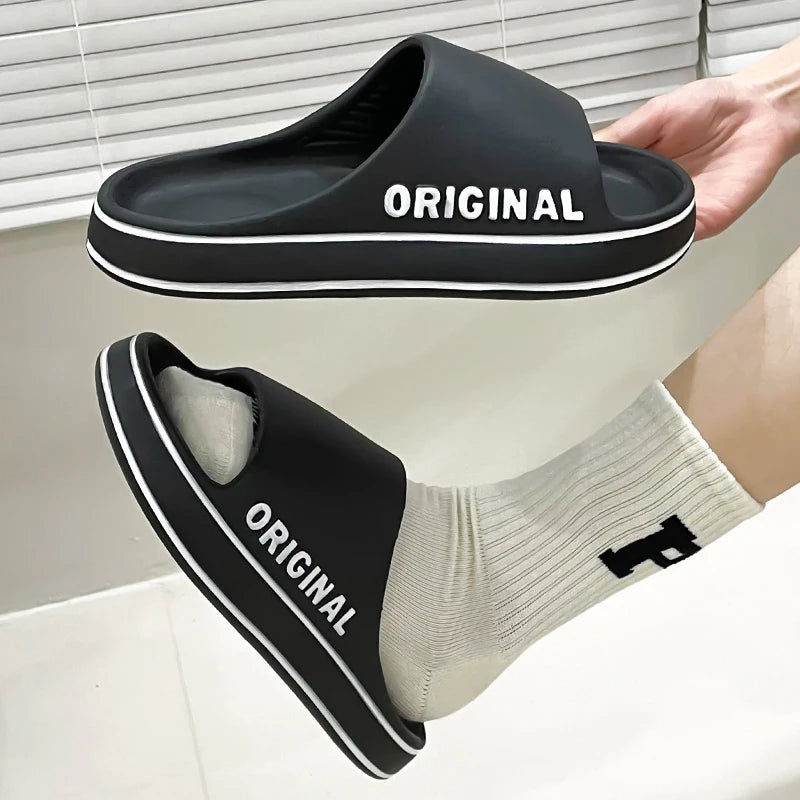 Feslishoet-Men's and women's letter beach slippers, beach slides, solid document, optical sole, coordinating indoor shoes, summer couple sandals