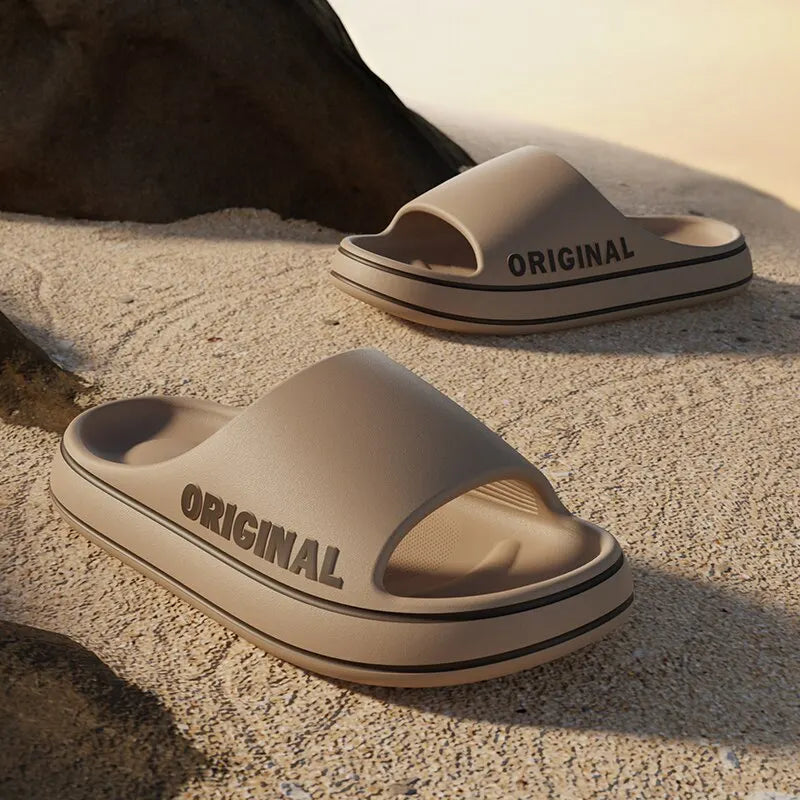 Feslishoet-Men's and women's letter beach slippers, beach slides, solid document, optical sole, coordinating indoor shoes, summer couple sandals
